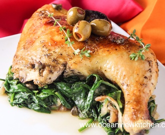 Roasted Chicken with prunes, olives, capers and pomegranate molasses