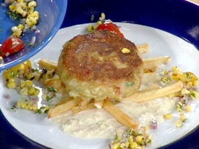Classic Crab Cakes with a Roasted Corn and Tomato Salad and Fresh Horseradish Sauce