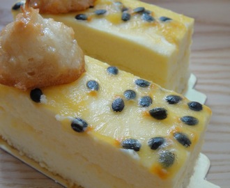 souffle cheesecake and white chocolate passionfruit mousse entremet.