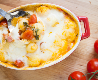 Baked gnocchi with pancetta and cherry tomatoes