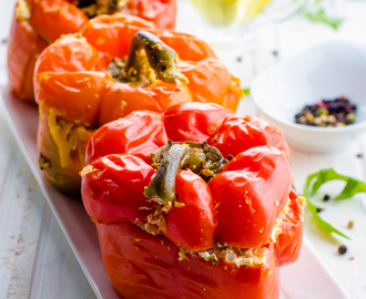 Black Bean and Quinoa Stuffed Red Peppers with Avocado Lime Sauce