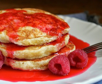 Lemon Souffle Pancakes with Raspberry Syrup