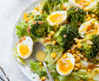 Broccoli egg salad with corn and honey mustard dressing
