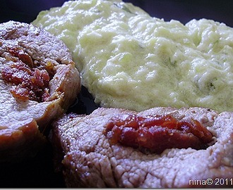 Svinjski lungić punjen kulenom u umaku od tikvica/Pork tenderloin stuffed with kulen in a sauce of zucchini
