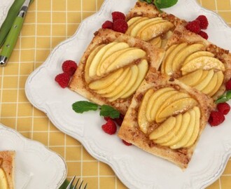 Almond Apple Tarts
	            
Frozen butter puff pastry
egg
finely chopped toasted almonds
granulated  sugar
cinnamon
apple jelly