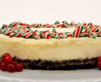 Candy Cane Cheesecake
	            
pkg cream cheese
granulated sugar
eggs
sour cream
lemon juice
peppermint extract
chocolate wafer crumbs
butter
sour cream
granulated sugar
vanilla
coarsely crushed candy canes