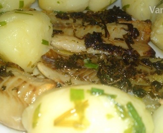 Pečená ryba na masle s jarnými bylinkami s novými zemiakmi s pažítkou (fotorecept)