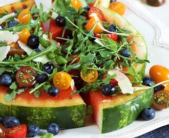 Grilled Watermelon Pizza with Blueberries, Parmesan and Arugula