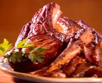 Thick Cut Mustard Marinated Pork Chops with Caramelized Red Onions