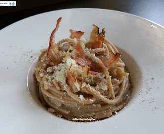 Spaghetti di grano Khorasan Saragolla alla crema di melanzane, speck del Trentino e parmigiano reggiano