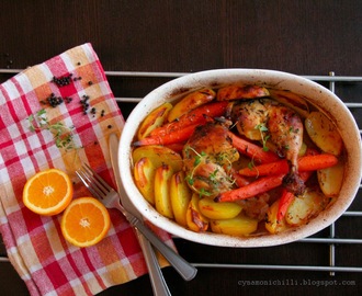 Pomarańczowo-rozmarynowe udka z kurczaka z pieczonymi warzywami