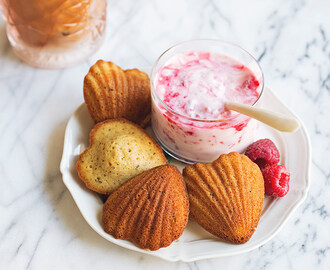 Brown Butter Madeleines with Smashed Raspberry Créme Fraîche