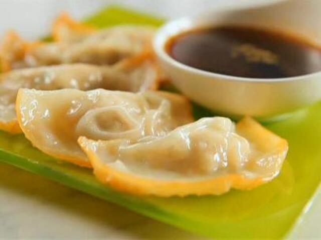 Pan-Fried Chicken Dumplings with Sweet and Spicy Dipping Sauce