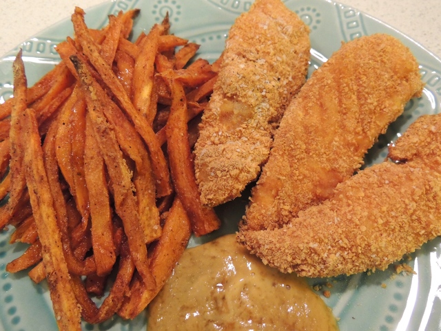Faux “Fried” Chicken Tenders and Sweet Potato Fries