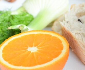 Lila Salat mit Orangen und Fenchel, dazu karamellisierte Walnüsse und ein Honig-Senf-Dressing