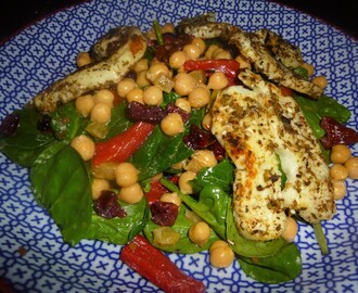 Zaatar Halloumi on a Spinach and Chickpea Salad with a Mint, Lemon and Honey Dressing Recipe