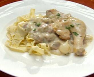 Cockerel in Riesling Mushroom Sauce with Ribbon Noodles