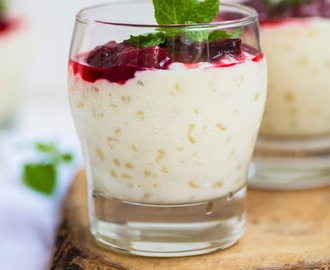 Sago and Coconut Pudding with Plum and Vanilla Compote