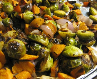 Balsamic and Garlic Roasted Brussels Sprouts, Sweet Potatoes, and Onions