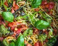 What's for dinner - Spaghetti with zucchini, basil pumpkin pesto and tomato salsa