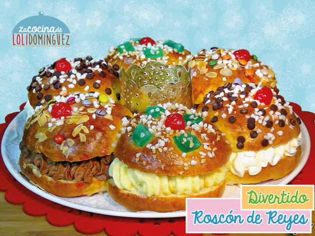 Divertido Roscón de Reyes relleno de 3 sabores, nata, trufa y crema pastelera