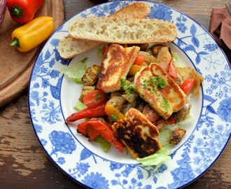 Roasted Graffiti Aubergines & Sweet Peppers in Chilli Oil with Halloumi & Sourdough Toasts