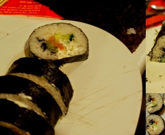 Sushi Futomaki z wędzonym łososiem, serkiem philadelphia i owocami