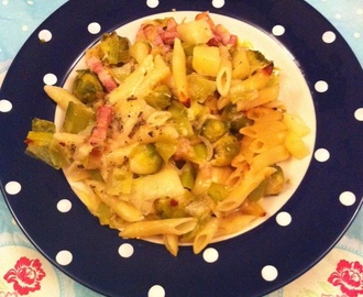 Hearty pasta with brussels sprouts, cheese and potato.