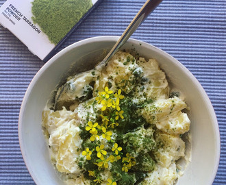 Potato salad with Fresh As Tarragon, capers and Friarielli flowers, plus focaccia with Fresh As herbs