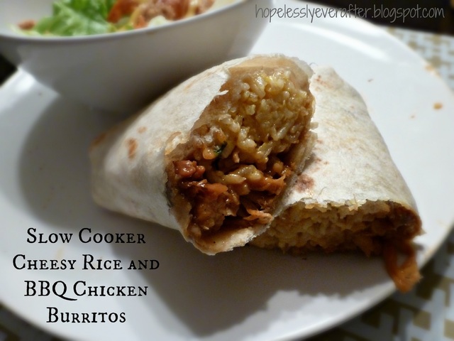 Slow Cooker Cheesy Rice and BBQ Chicken Burritos