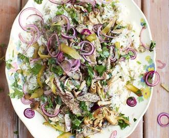 Beef stroganoff, fluffy rice, red onion & parsley pickle