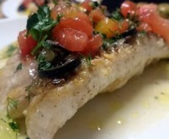 Pan-fried Angelfish with Sauce Vierge, lemon, tomatoes and olives