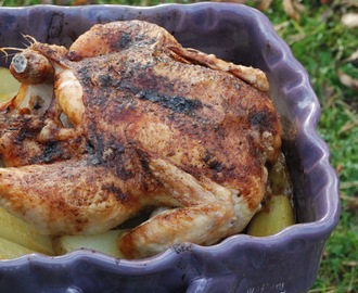 Hel kyckling i ugn med potatisklyftor
