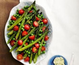 ASPARAGUS, PEAS, AND TOMATOES WITH HERB BUTTER (SALAD)