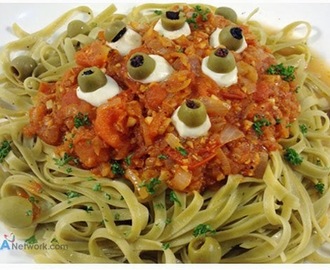 Green Pasta in Red Sauce with Kesong Puti