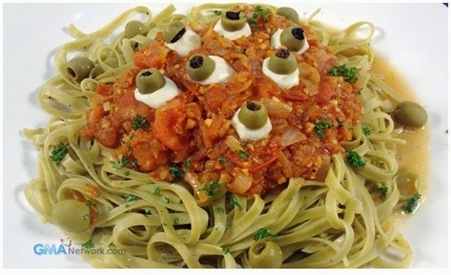 Green Pasta in Red Sauce with Kesong Puti