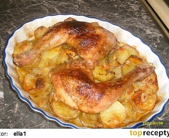 Kuřecí čtvrtky pečené na bramborách