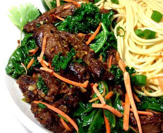 Vegan Spicy Ginger Beef with Ramen Noodles and Kale