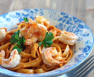 Crab Roe Fettuccine with Grilled Shrimp (Aligue Pasta)