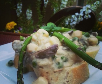 Puttin’ Lipstick on the Mollusk| Bay Scallop Bread Pudding with Spring Peas and Mushrooms