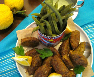 Pilchard Dhaltjies, pickled green beans and herby feta dip