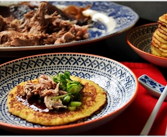 Gebratene Peking Ente mit Pflaumen-Hoisin-Sauce in Pfannkuchen (Low Carb & GF)