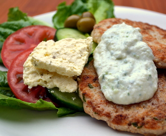 Eat light tonight!  Low Carb open Chicken Greek burgers with Tzatziki