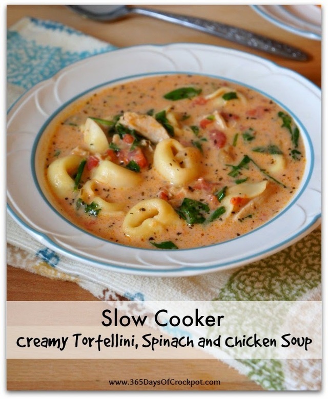 Slow Cooker Creamy Tortellini, Spinach and Chicken Soup