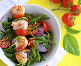 Sea Asparagus Salad with Grilled Shrimp Skewers and Isola del Giglio (Giglio Island)