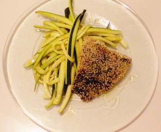 Sesame and poppy seed crusted salmon with courgette spaghetti