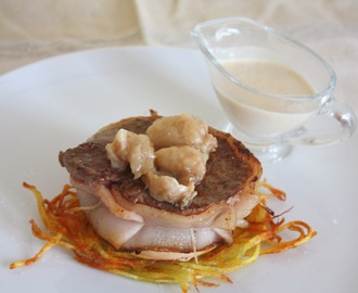 Tournedos de rumsteck au foie gras, pommes paillasson et moelle (Tournedos of rump with foie gras, apple doormat and marrow)