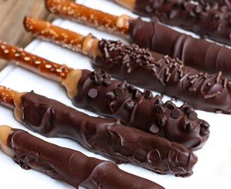 Caramel and Chocolate Dipped Pretzel Rods
