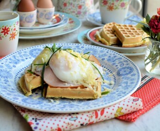 Buttermilk Chive Waffles with Turkey & Cheesy Poached Eggs