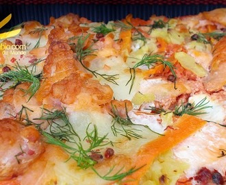 Pizza aux deux saumons et sa julienne de légumes